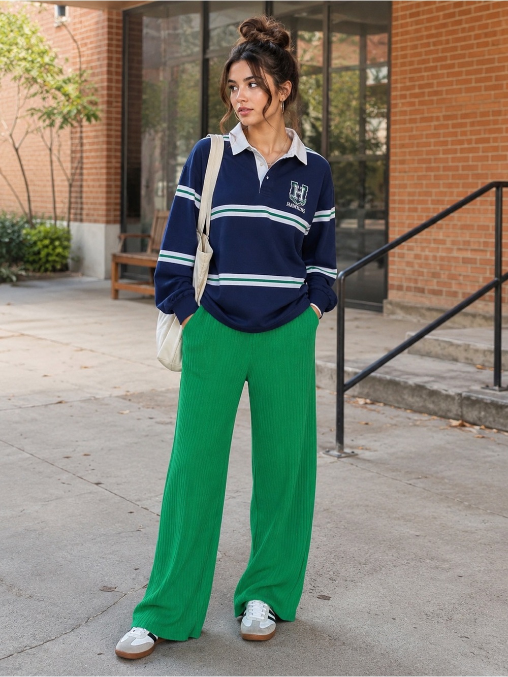 Pink Rose Ribbed Wide-Leg Knit Pants in Green Bloke Core Fashion